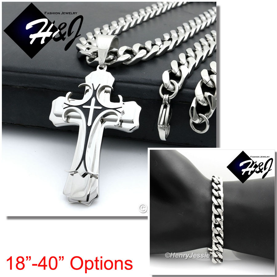 18-40″MEN Stainless Steel 9mm Silver Chain Bracelet Black Plated Cross Pendant*H