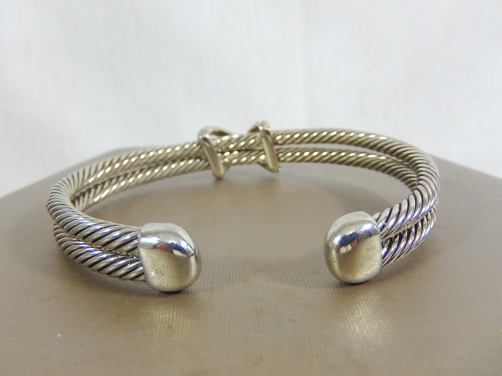 VTG CABLE 2 ROW SILVER CRYSTAL CUFF BRACELET LARGE 7.75″ SIZE