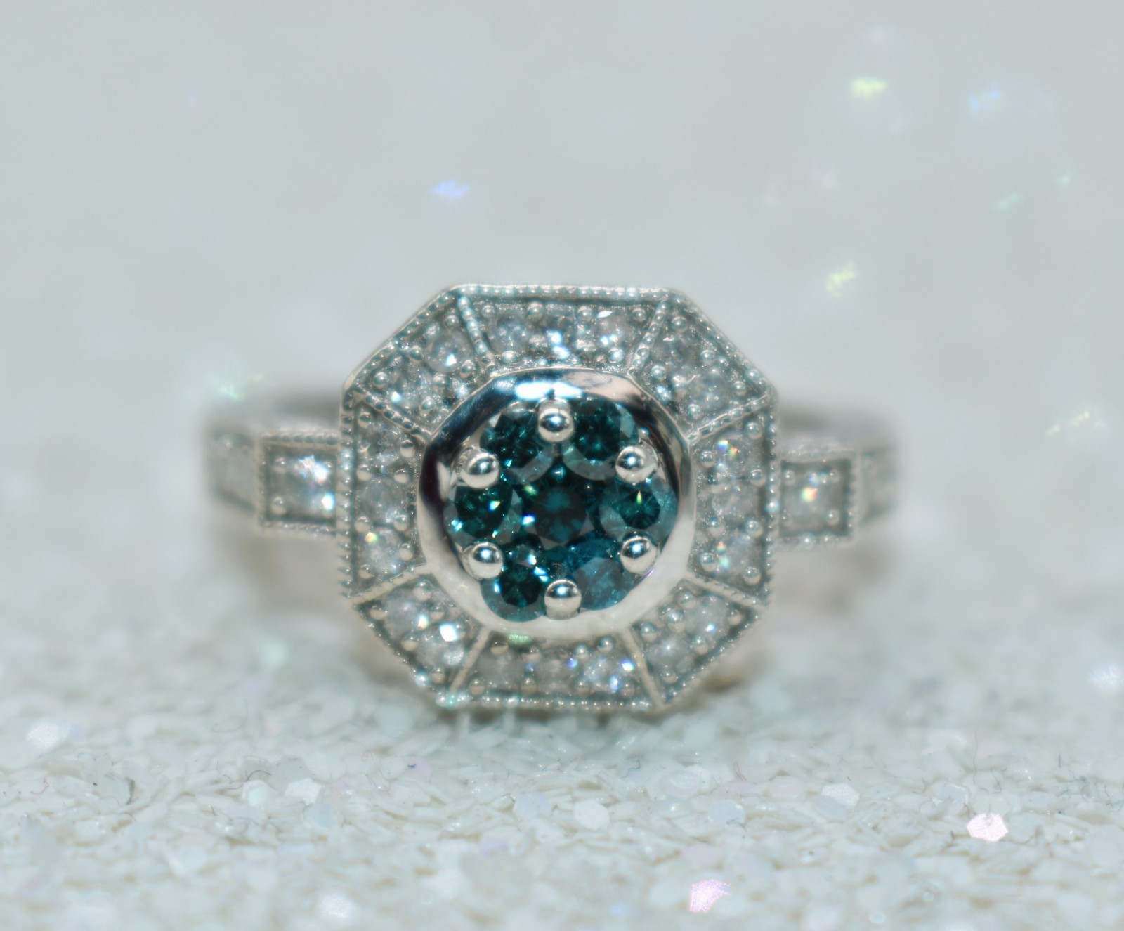 0.57 CT TW Treated Blue & White Diamonds Sterling Silver Halo Ring Size 8-1/4