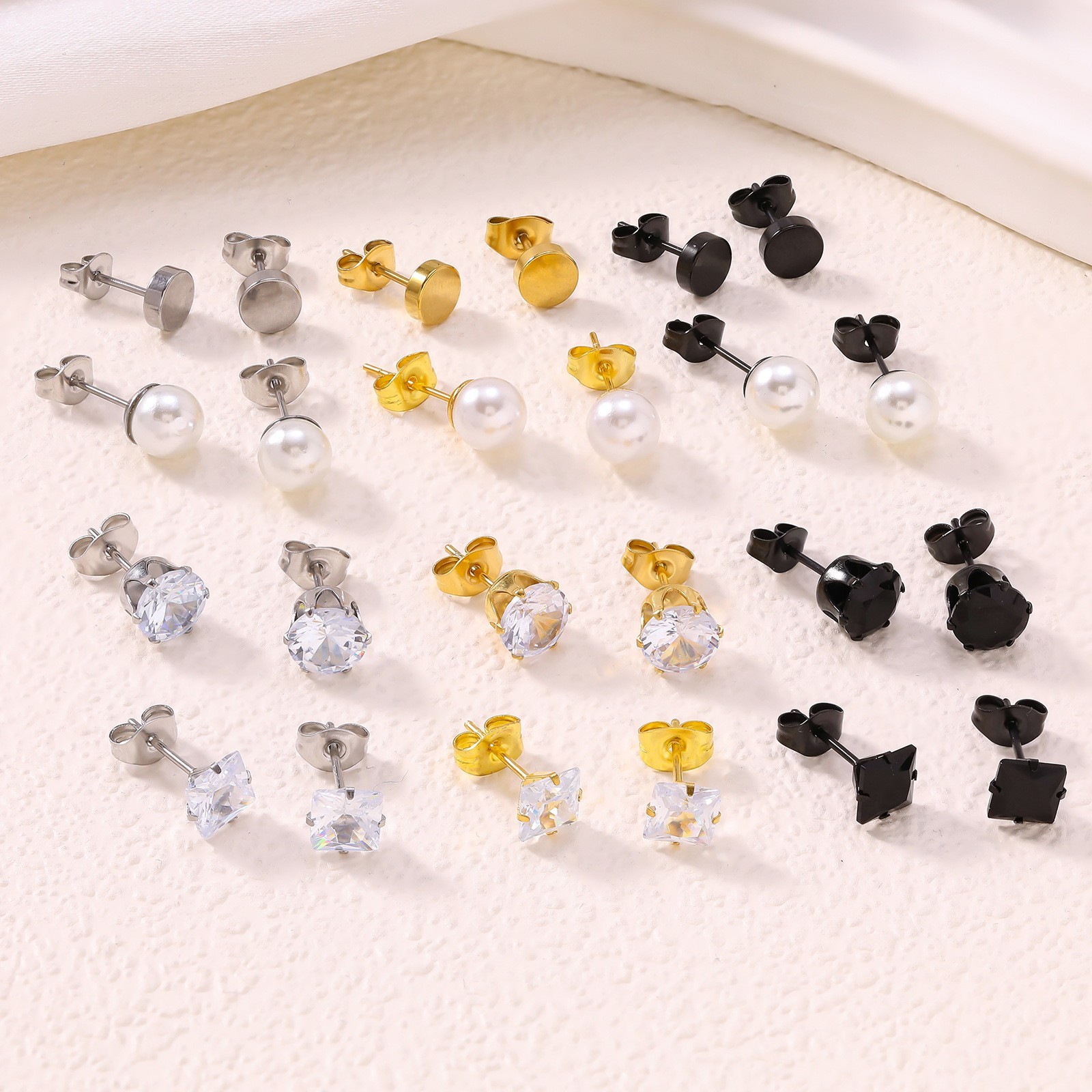1Pc earring Round Zirconium stud 6mm small titanium steel jewelry gold color
