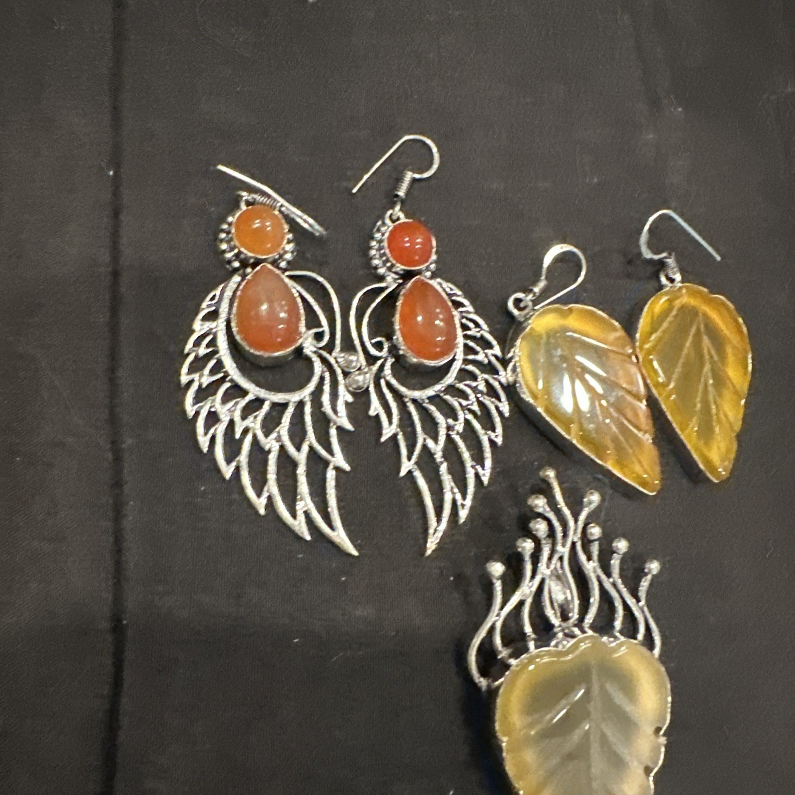 Silver Tone Simulated Gemstone Artisan Angel Wing Leaf Earrings & Pendant Lot 3