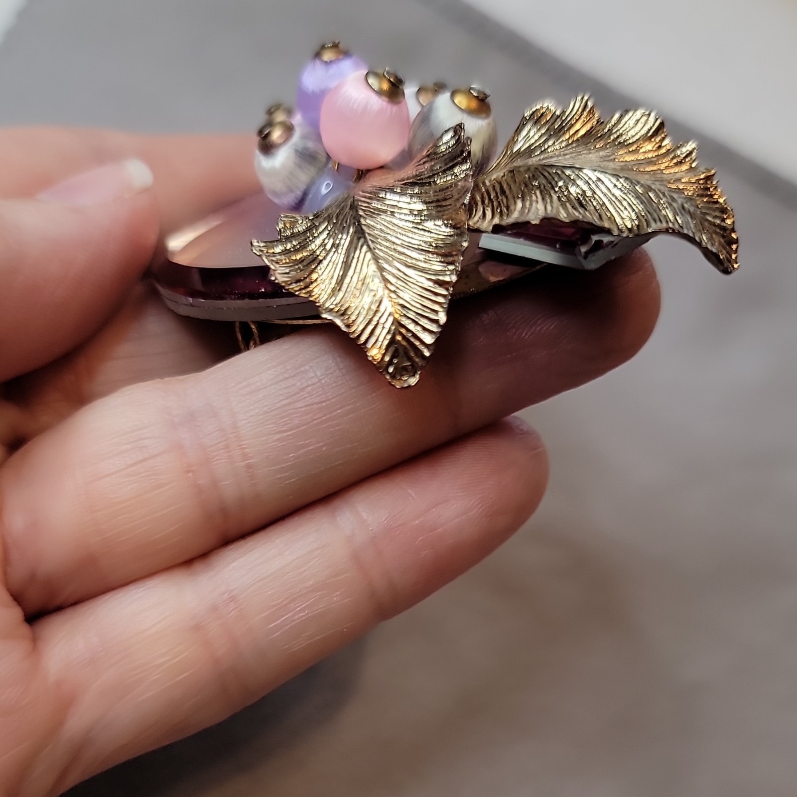 Vtg 1950s Lavender Mirror Back Brooch Satin Silk Thread Wrapped Berry Grape Pin