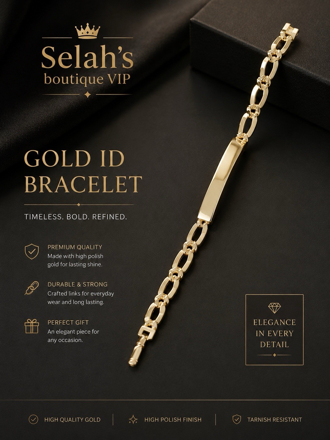 None tarnished none fade Gold tone High Polish ID Curb Link Bracelet Box Closure