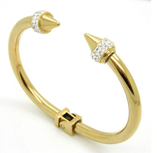 Pure Stainless steel Bracelet Women / Lady Cuff Open Bangle Rivet Nail Crystals