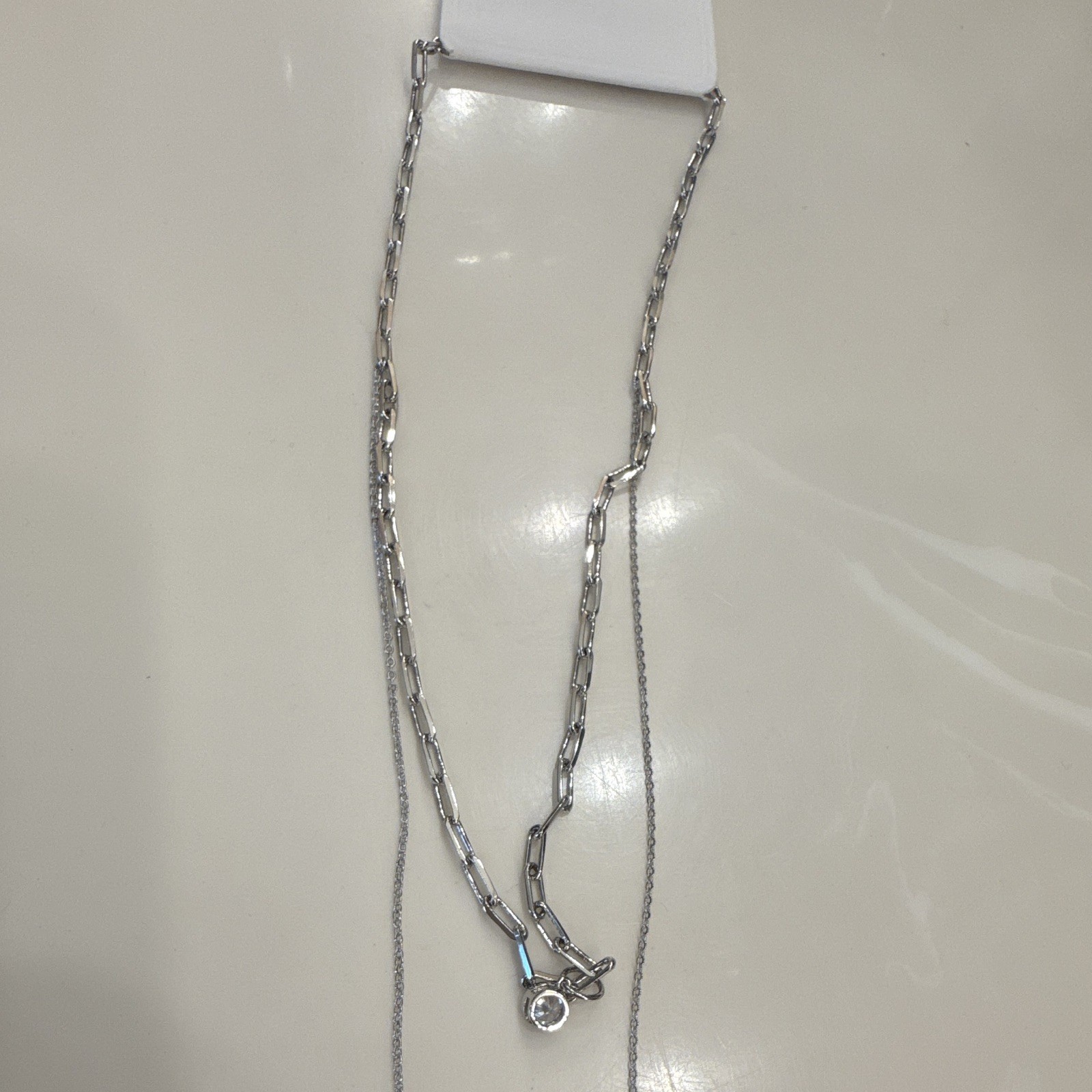 Silver Tone Layered Lariat Pendant Necklace White Pearl Pavé Teardrop Box Chain
