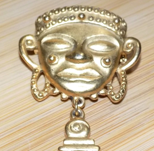 Vintage Bali Asian Mask Gold Tone Costume Jewelry Southeast Asia Brooch Pin