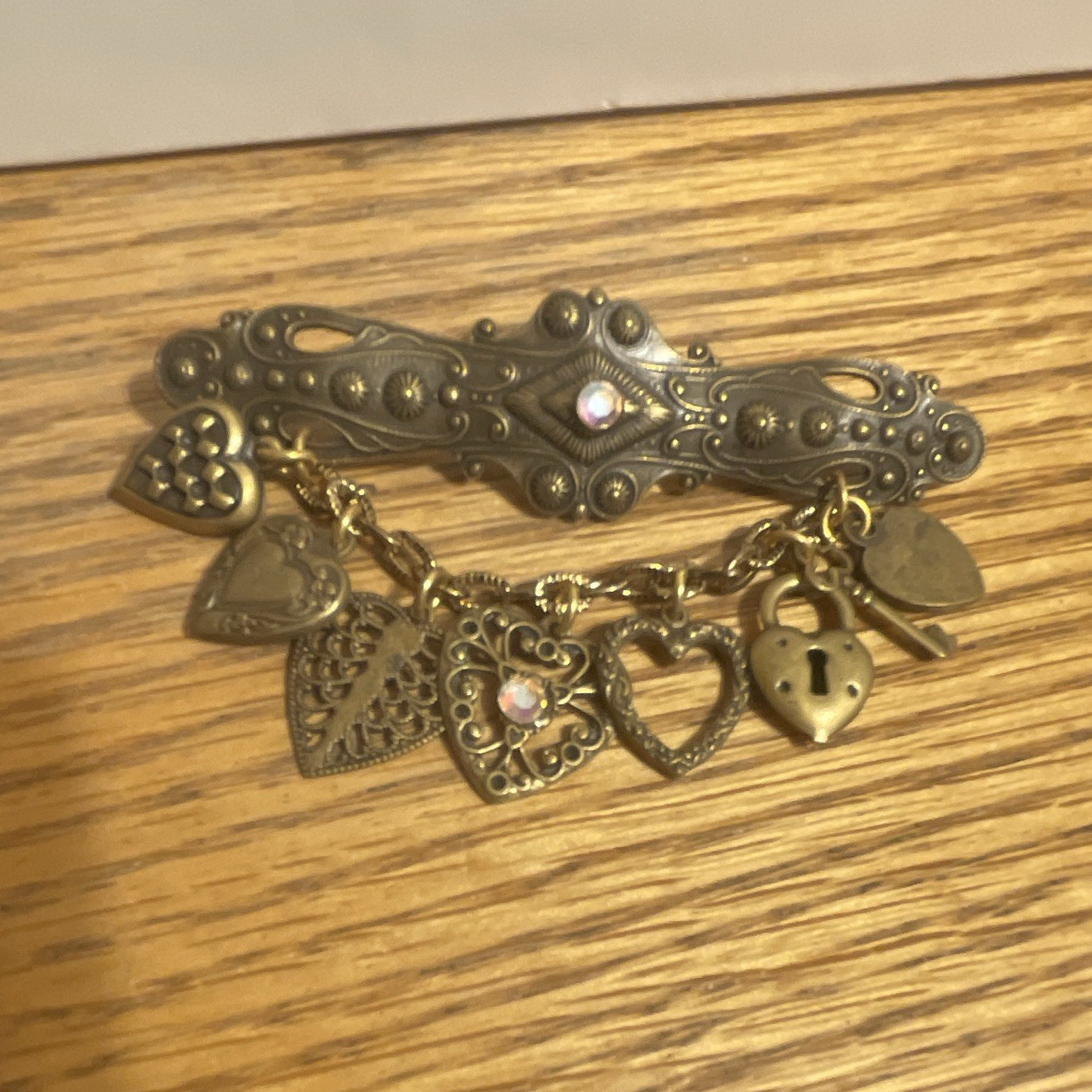 Gold & Silver Tone Heart Dangle Brooch Pin w/ Clear Crystal Accent