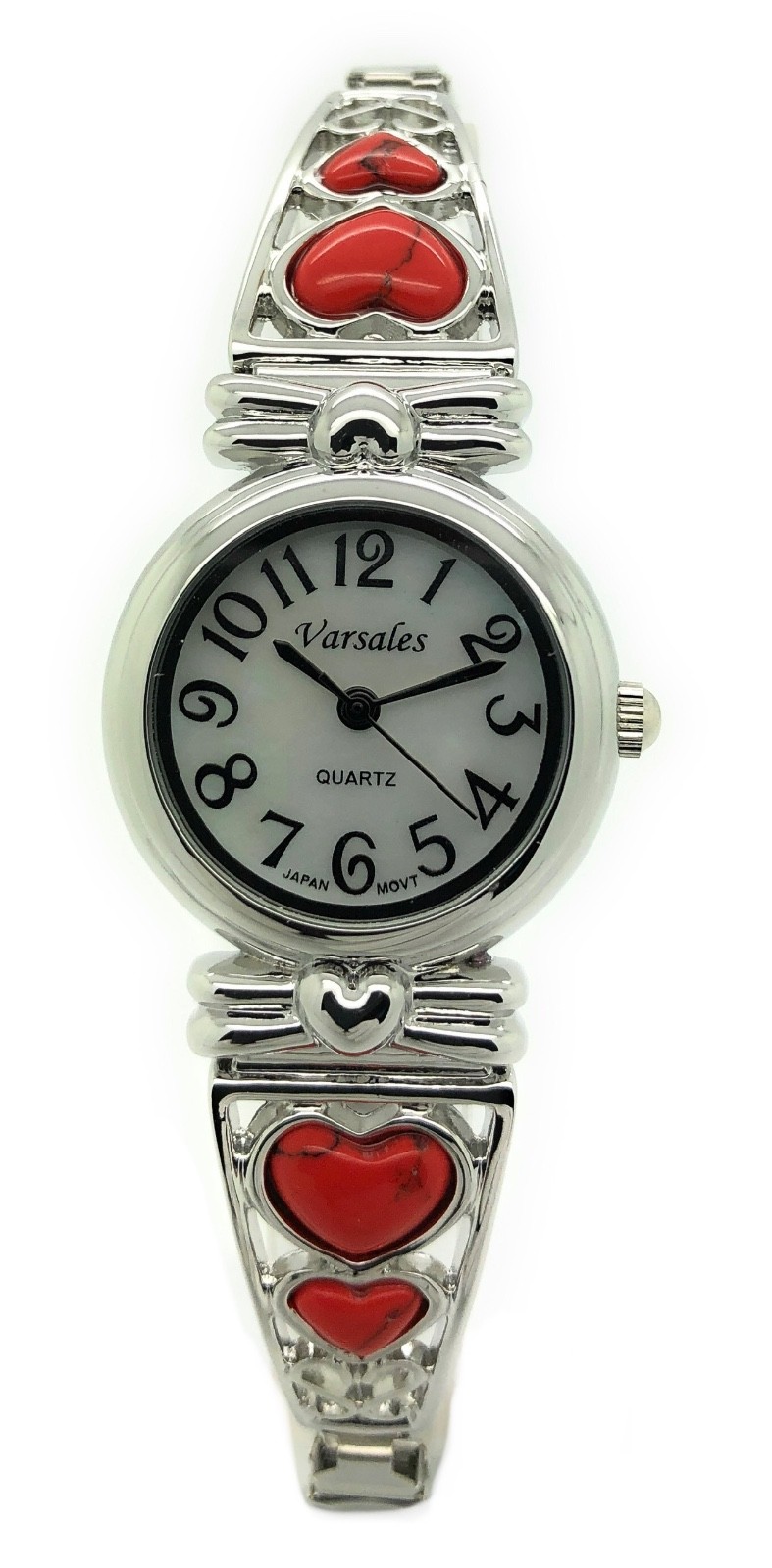 Varsales Ladies Heart Stones Stretch Elastic Band Fashion Watch Pearl Dial