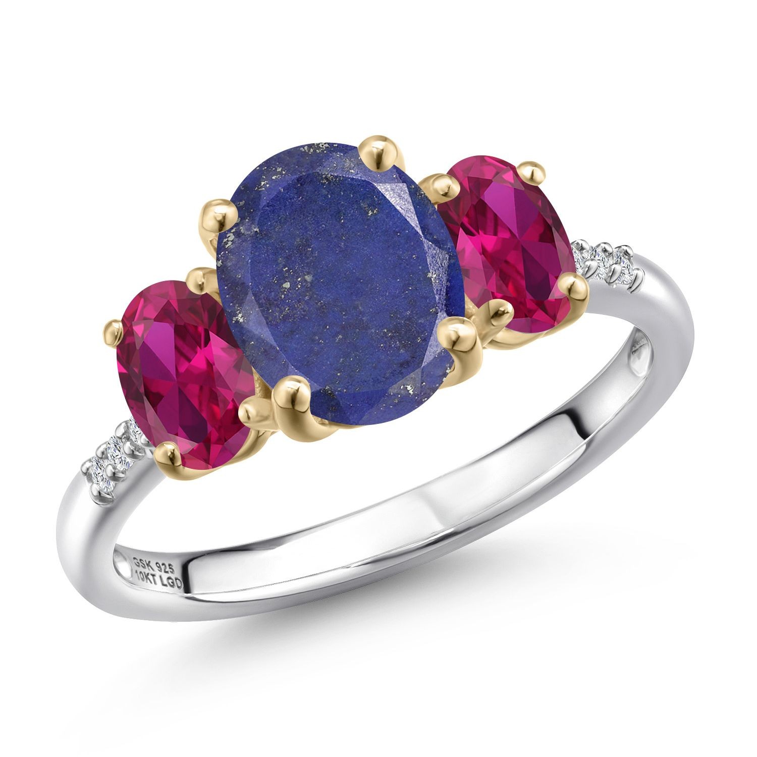 925 Silver and 10K Yellow Gold Blue Lapis and Created Ruby and Lab Grown