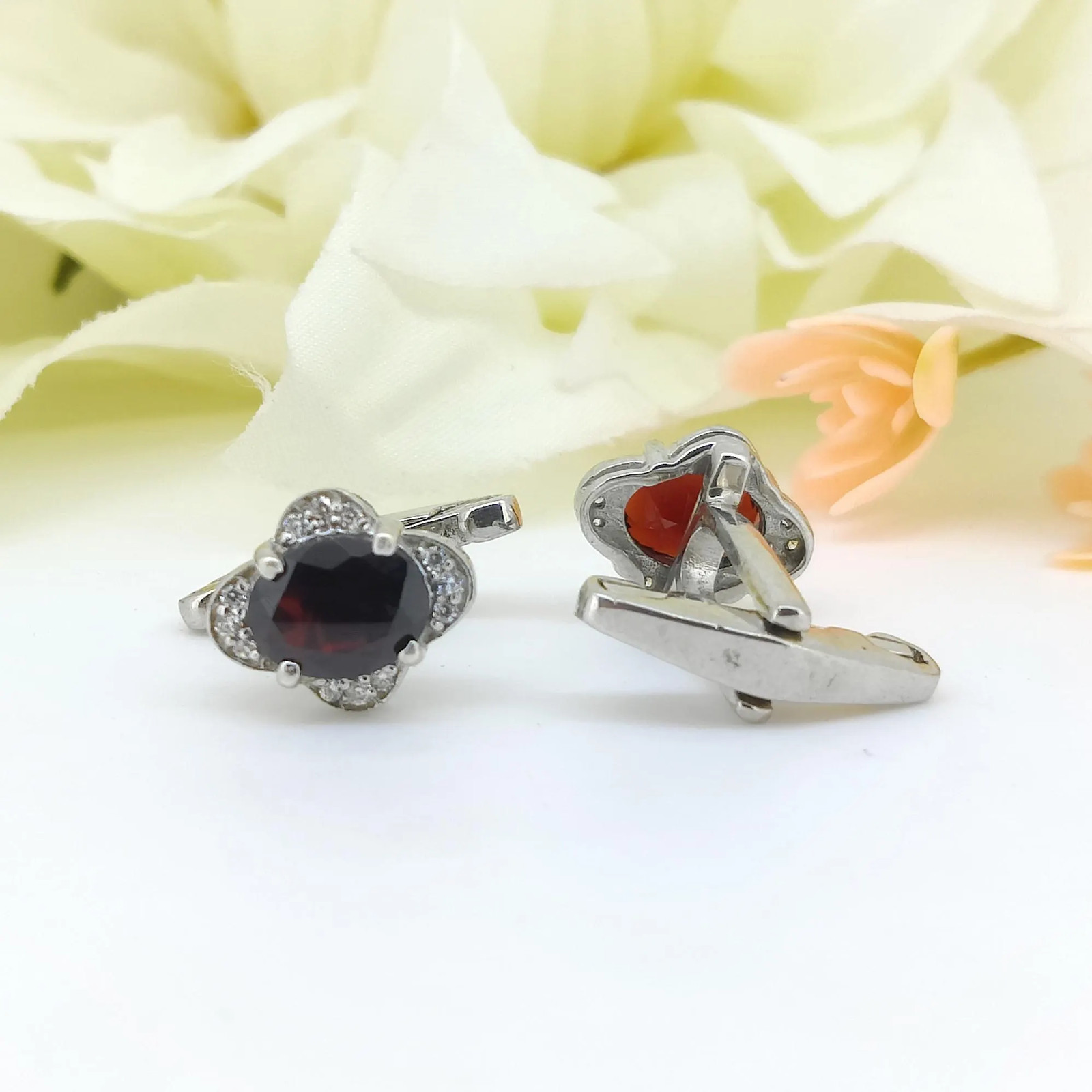 Garnet Sterling Silver Cufflinks, January Birthstone,Oval Gemstone Men’s Jewelry