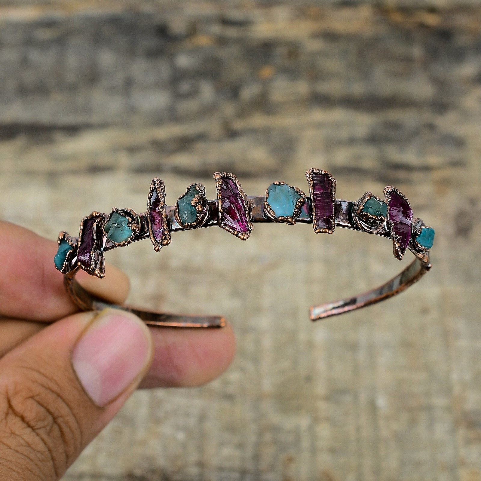 Aquamarine Rough Electroformed Adjustable Bangle Handcrafted Copper Partywear