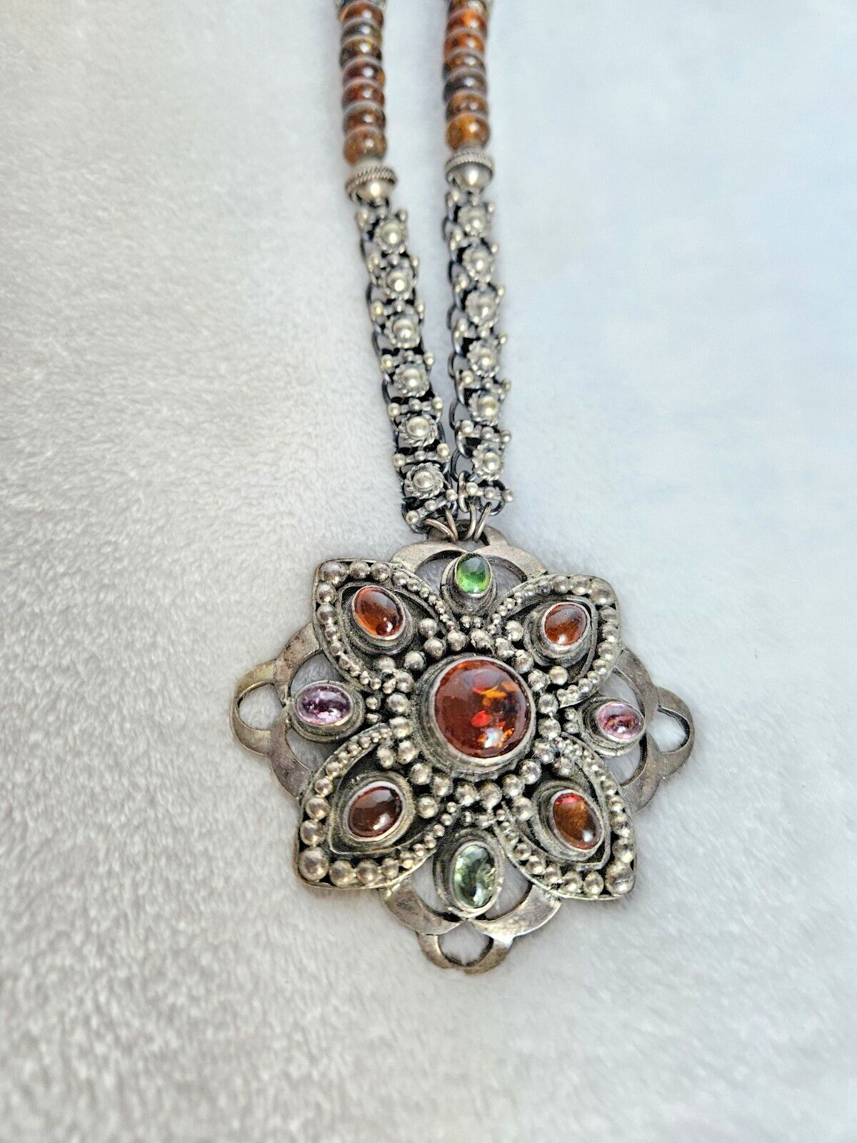 Vintage 925 Solid Sterling Silver Multicolor Amber Large Pendant Necklace