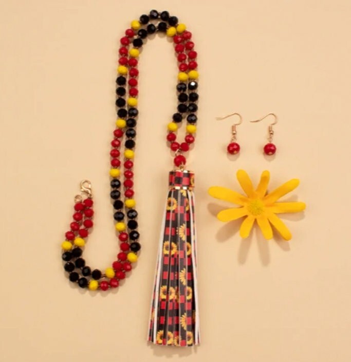 Black/Yellow/Red Leather Flower Tassel Necklace Set with Bonus Matching Earrings