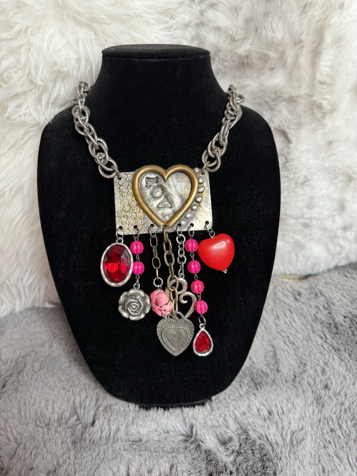 Art by Amy Labbe OOAK Mixed Media Heart Charm Statement Necklace