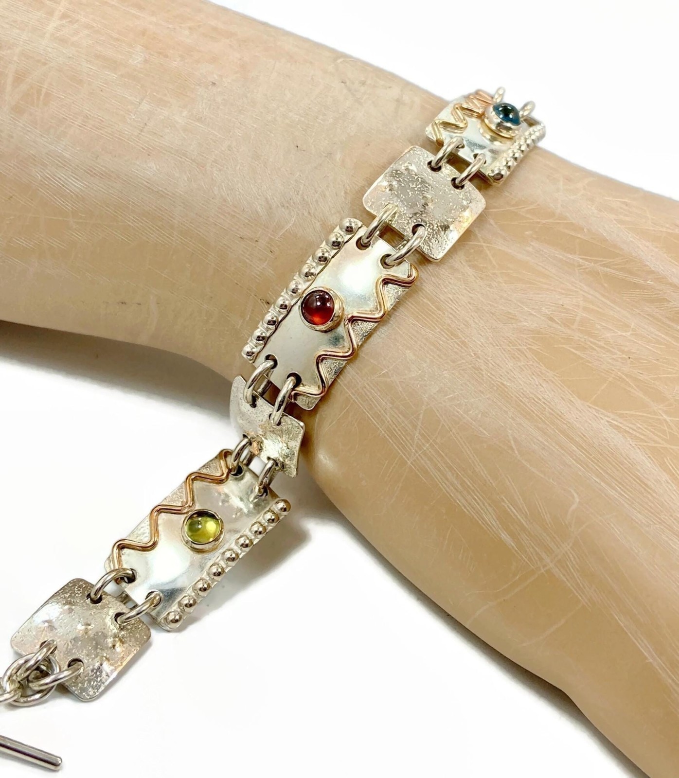 Sterling Silver Bracele Brass Tourmaline Peridot Contemporary Artisan