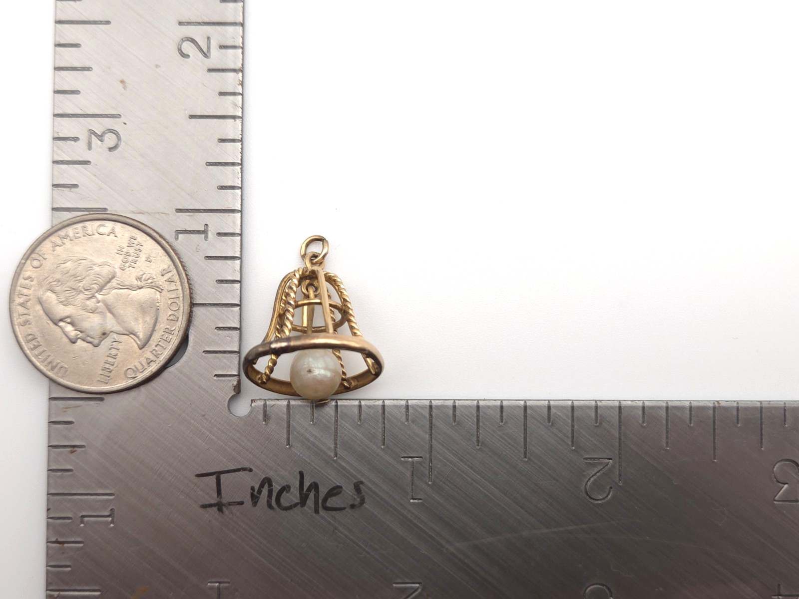 Vintage 14k Solid Gold & Pearl Movable Openwork Bell Pendant or Charm 2.4grams