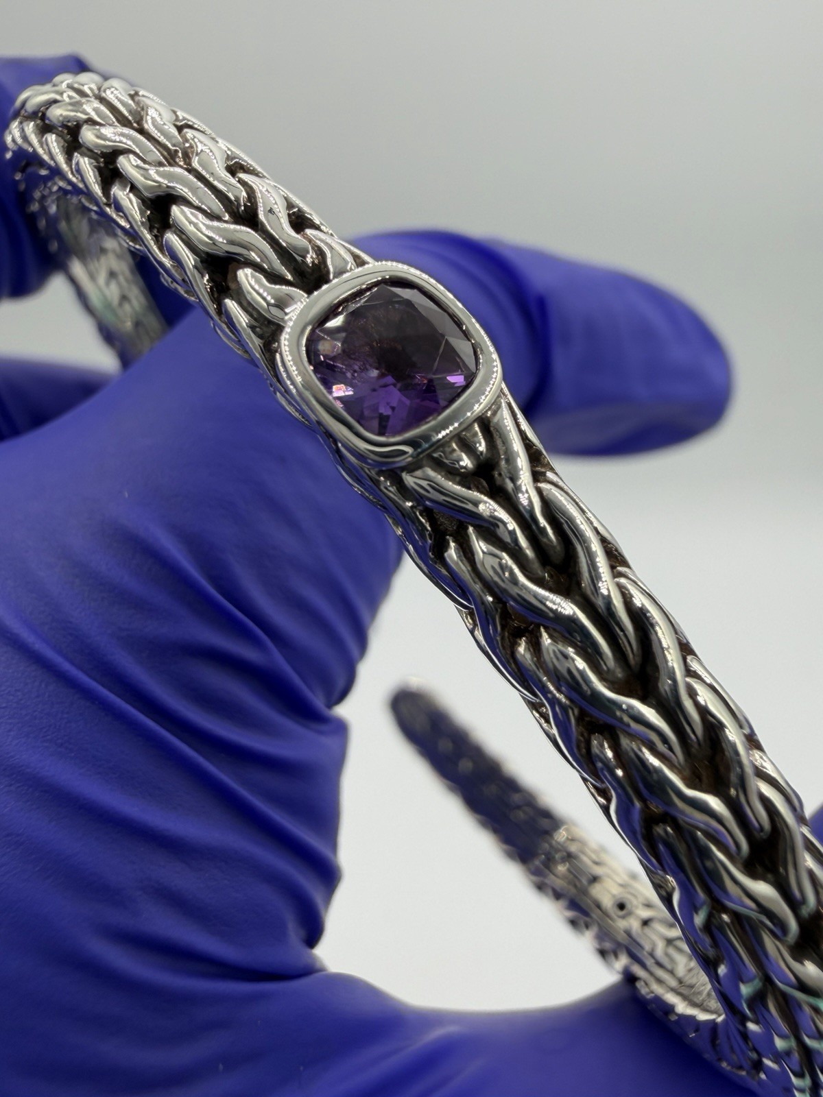 John Hardy 925 Sterling Silver & Purple Amethyst Cuff Bracelet 6.3mm 27.8g Sz 7
