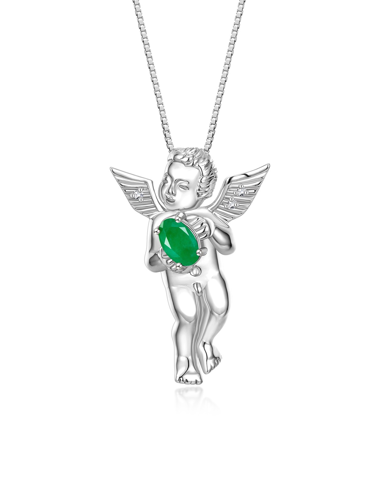 Rylos Emerald & Diamond Guardian Angel Pendant Necklace 18″ Sterling Silver