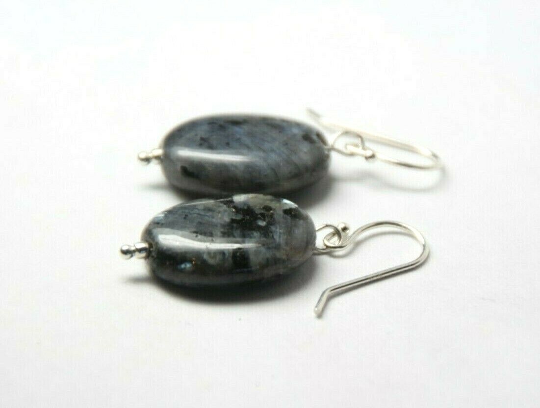 Larvikite Black Labradorite 13x 18mm Oval Gemstone .925 Sterling Silver Earrings