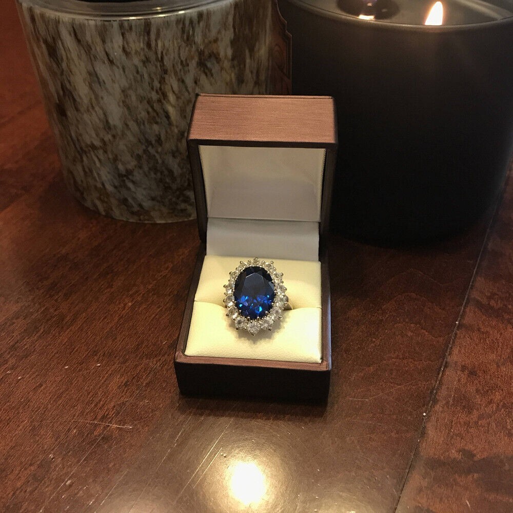 4.40Ct Lab-Created Blue Sapphire Princess Diana Ring 14K White Gold Plated