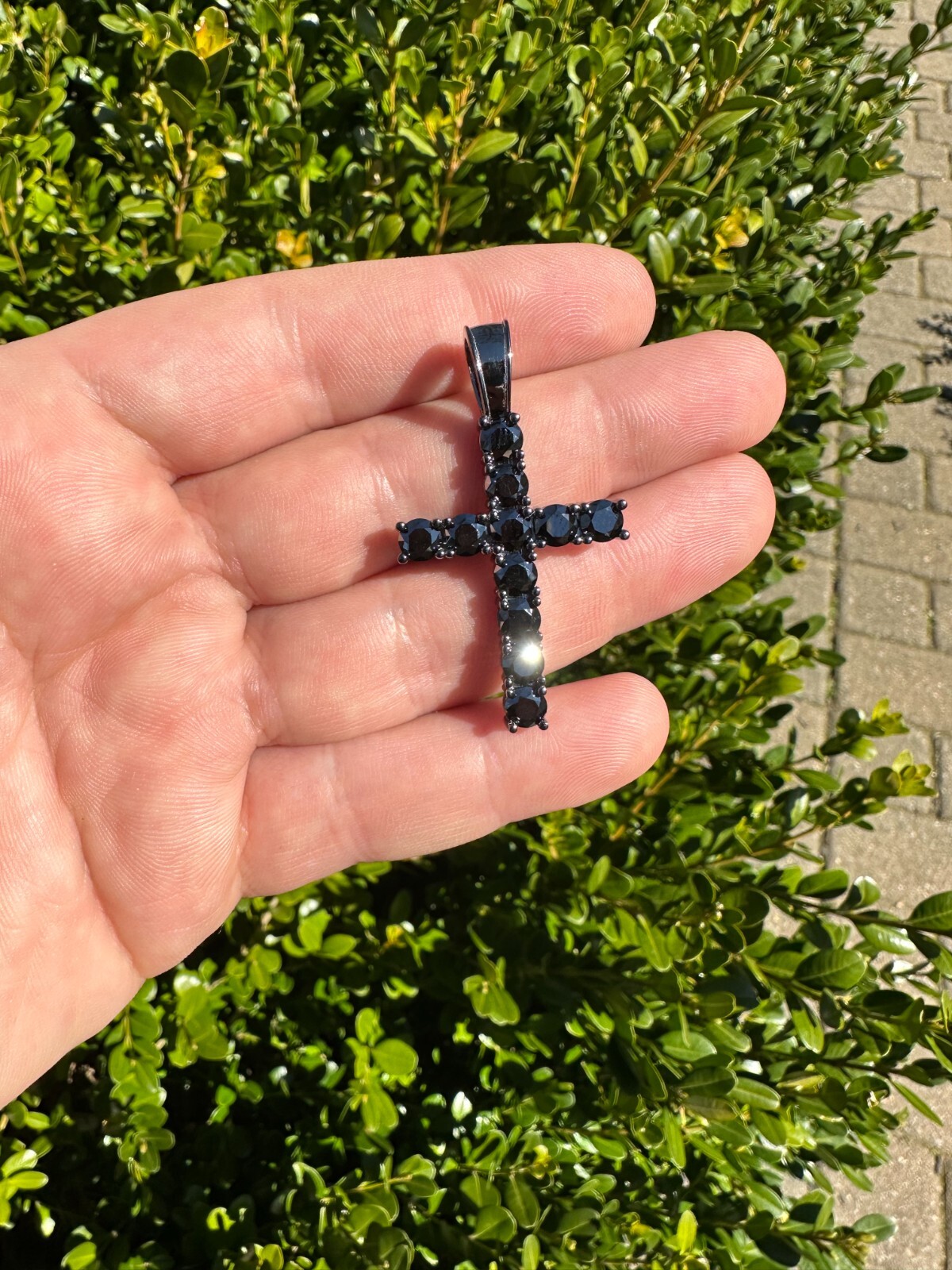 Black MOISSANITE Real Oxidized Rhodium 925 Silver Cross Iced Pendant Necklace