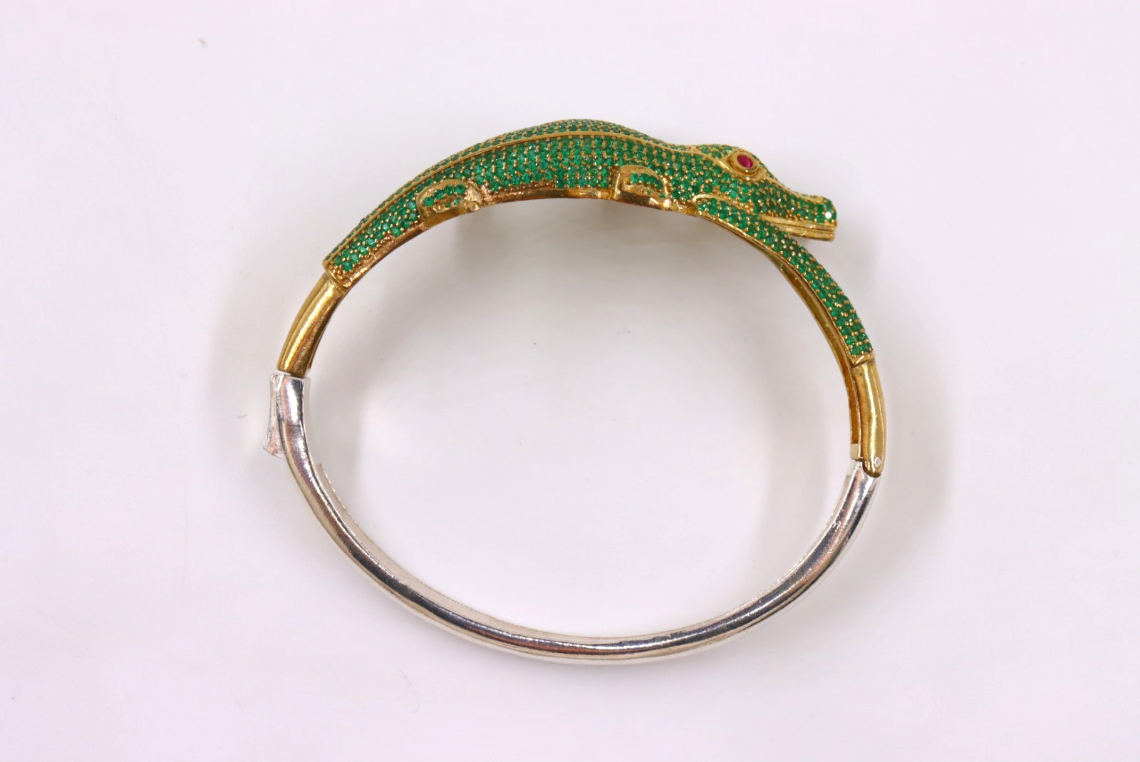 Sterling Silver 925 and Bronze Handmade Crocodile Emerald Cuff Bracelet