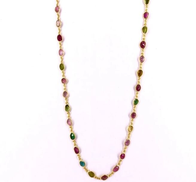 Multi Tourmaline Handmade Gold Polish 925 Sterling Silver Necklace 18″, Gift Her
