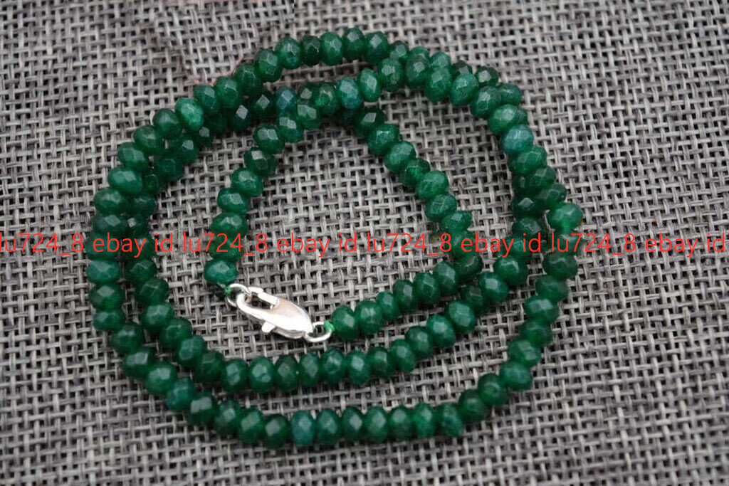 2x4mm Faceted Dark Green Jade Roundel Gemstone Beads Necklace 14-30”