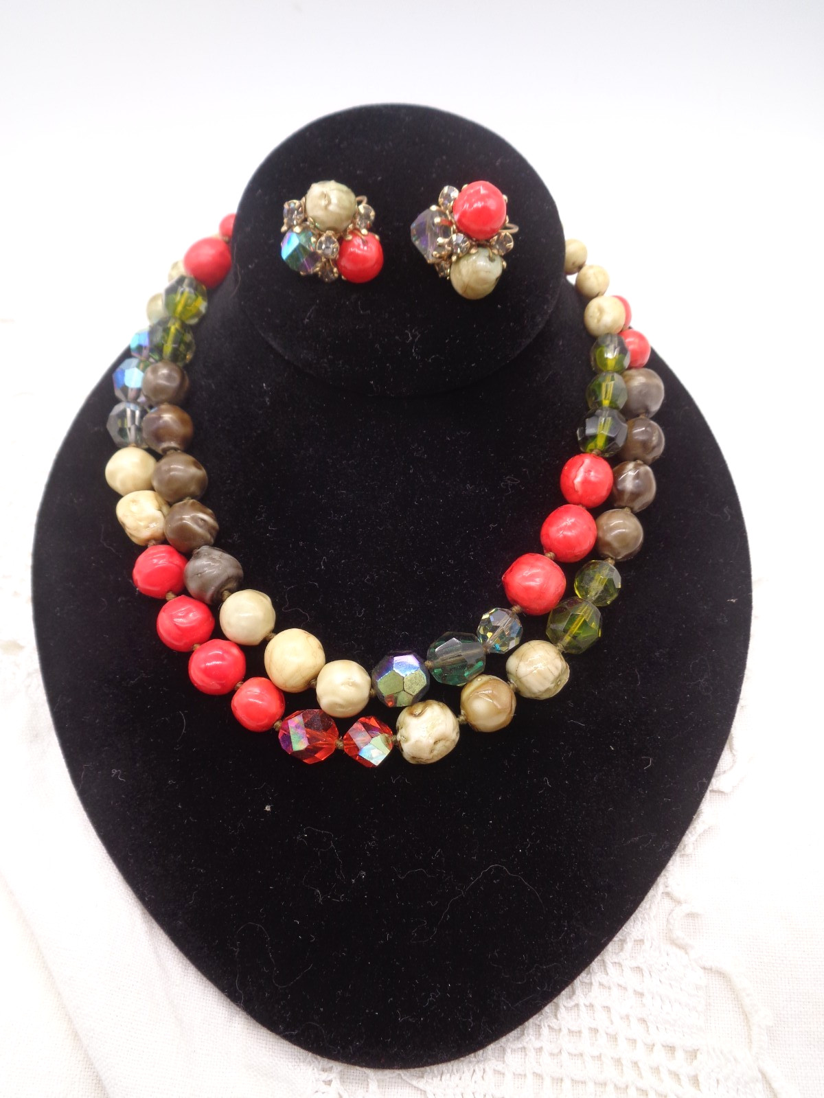 Vintage Signed VOGUE Orange Brown Green BEAD NECKLACE & EARRINGS SET