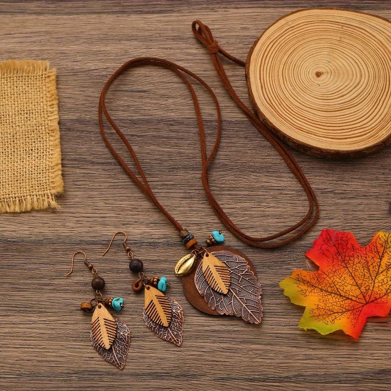 Women’s Retro Bohemian Leaf Shaped Pendant Earrings Necklace Jewelry Set Alloy