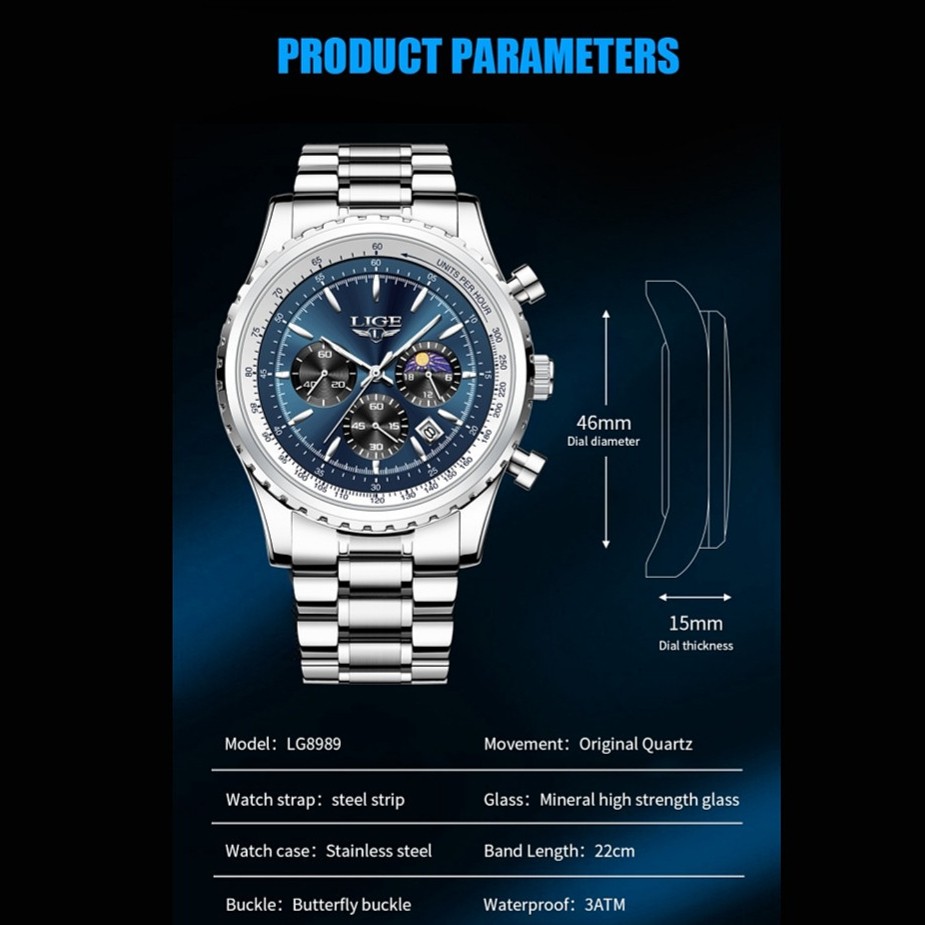 Men Watch Quartz Date Luminous Chronograph Waterproof Stainless Steel Wristwatch