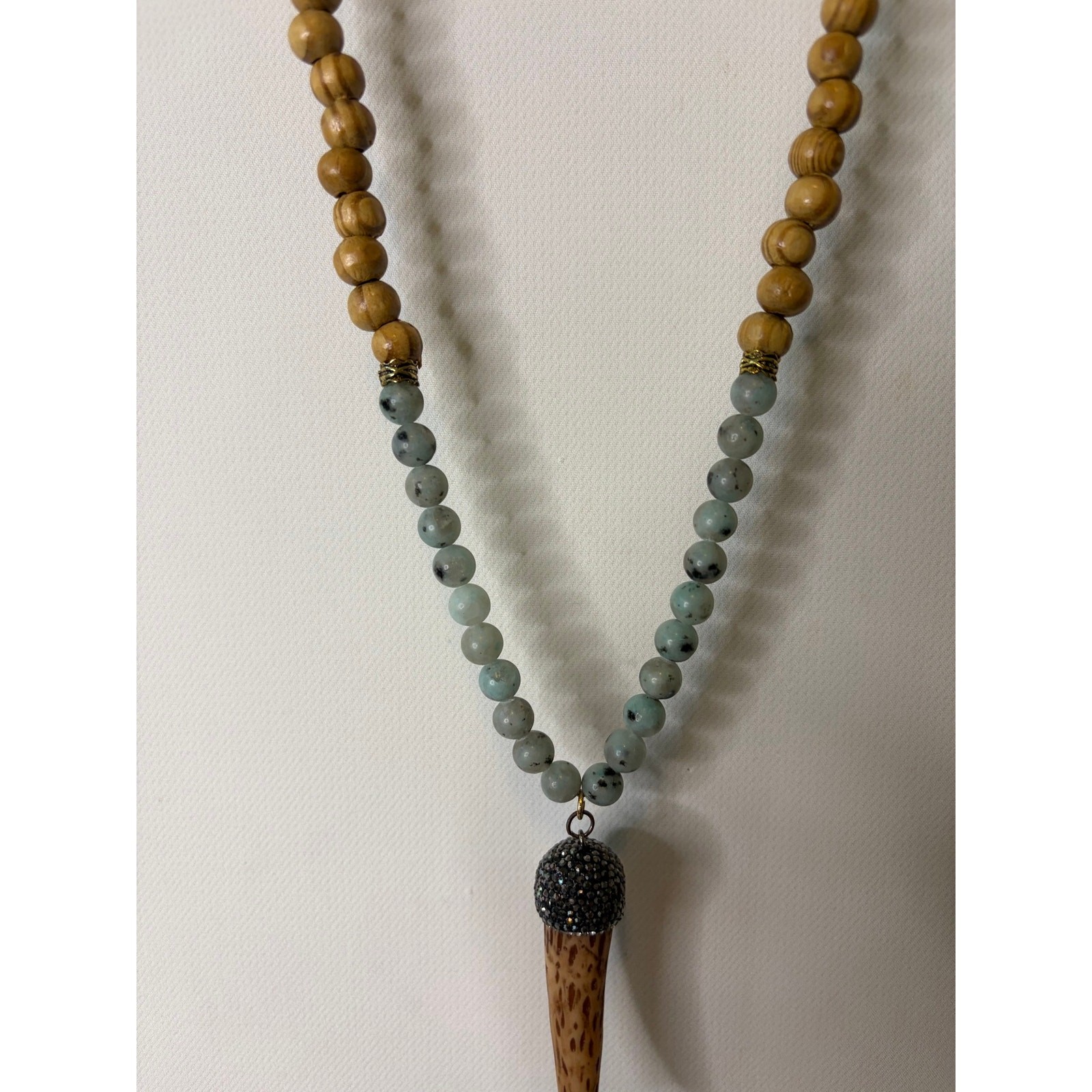 Boho Blue Stone and Wood Beaded Necklace Drusy Resin Horn 30in Long Statement