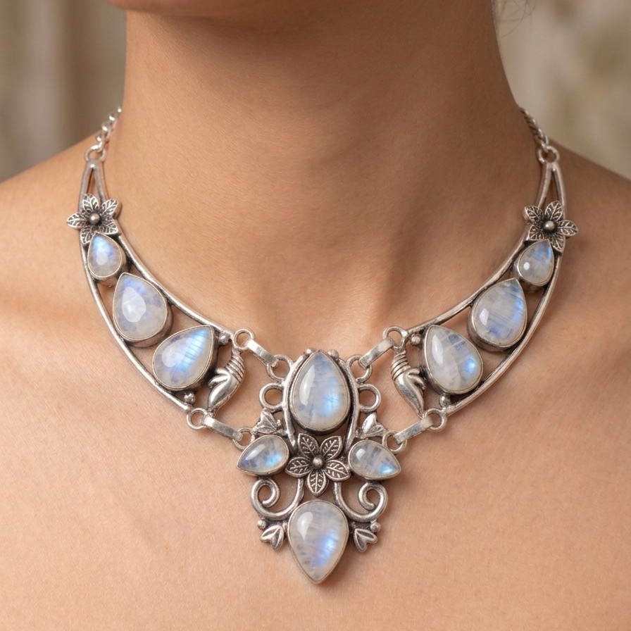 Rainbow Moonstone Gemstone 925 Sterling Silver Necklace Jewelry For Her ADJ 18″