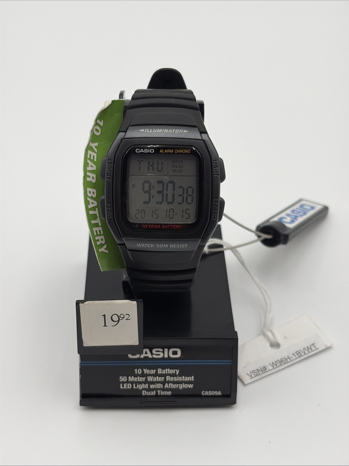 Casio Digital Watch Illuminator LED Light Afterglow 50m W96H-1BVWT Black