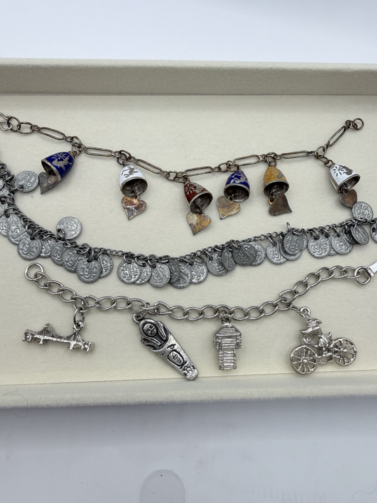 Vintage Charm Bracelet Lot 3 Siam Enamel Bells, Mixed Metals And Styles