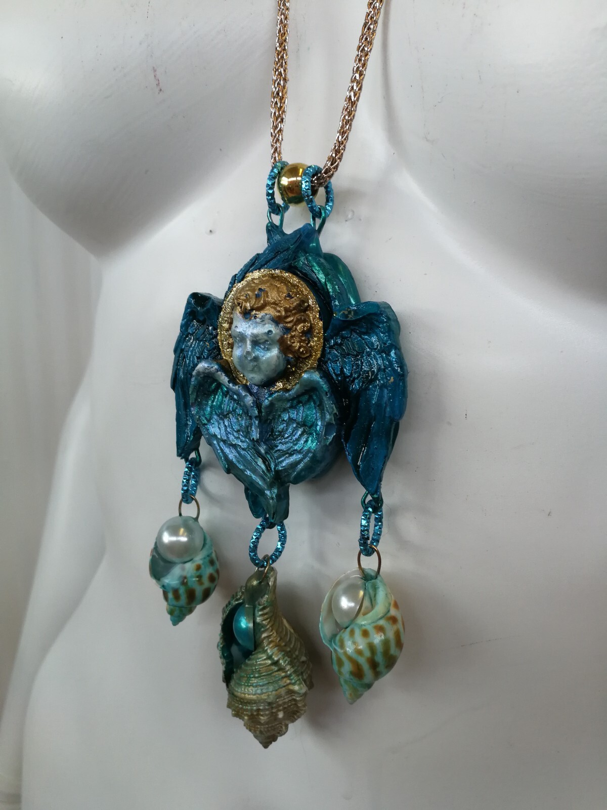 Talisman Amulet Blue Angel Rhinestone Necklace Pendant Wings Pearl Shell Jewelry