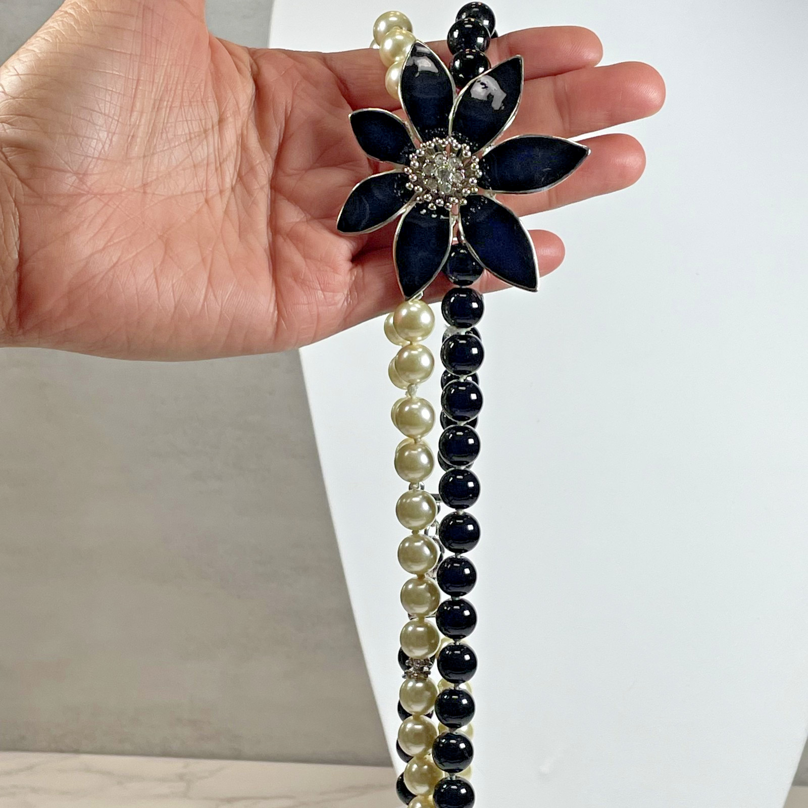 Stunning Talbots Signed Black Enamel Rhinestone Flower Two Strand Bead Necklace
