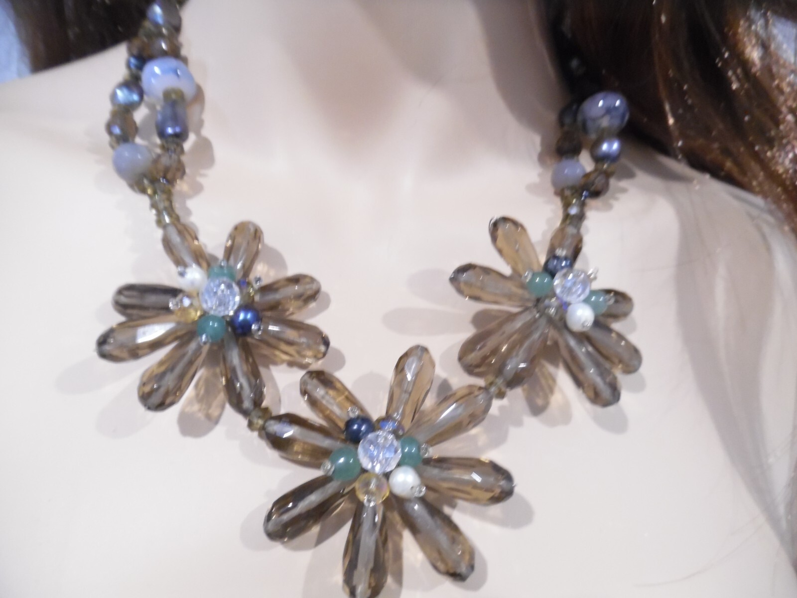Beaded Cluster Statement Necklace Gemstone and Crystal Art Glass- Gorgeous! Wow!