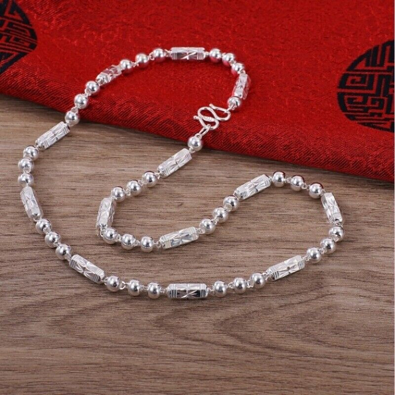 Real S999 Silver Necklace For Men Hexagonal Beads Silver Chain Boyfriend Gift
