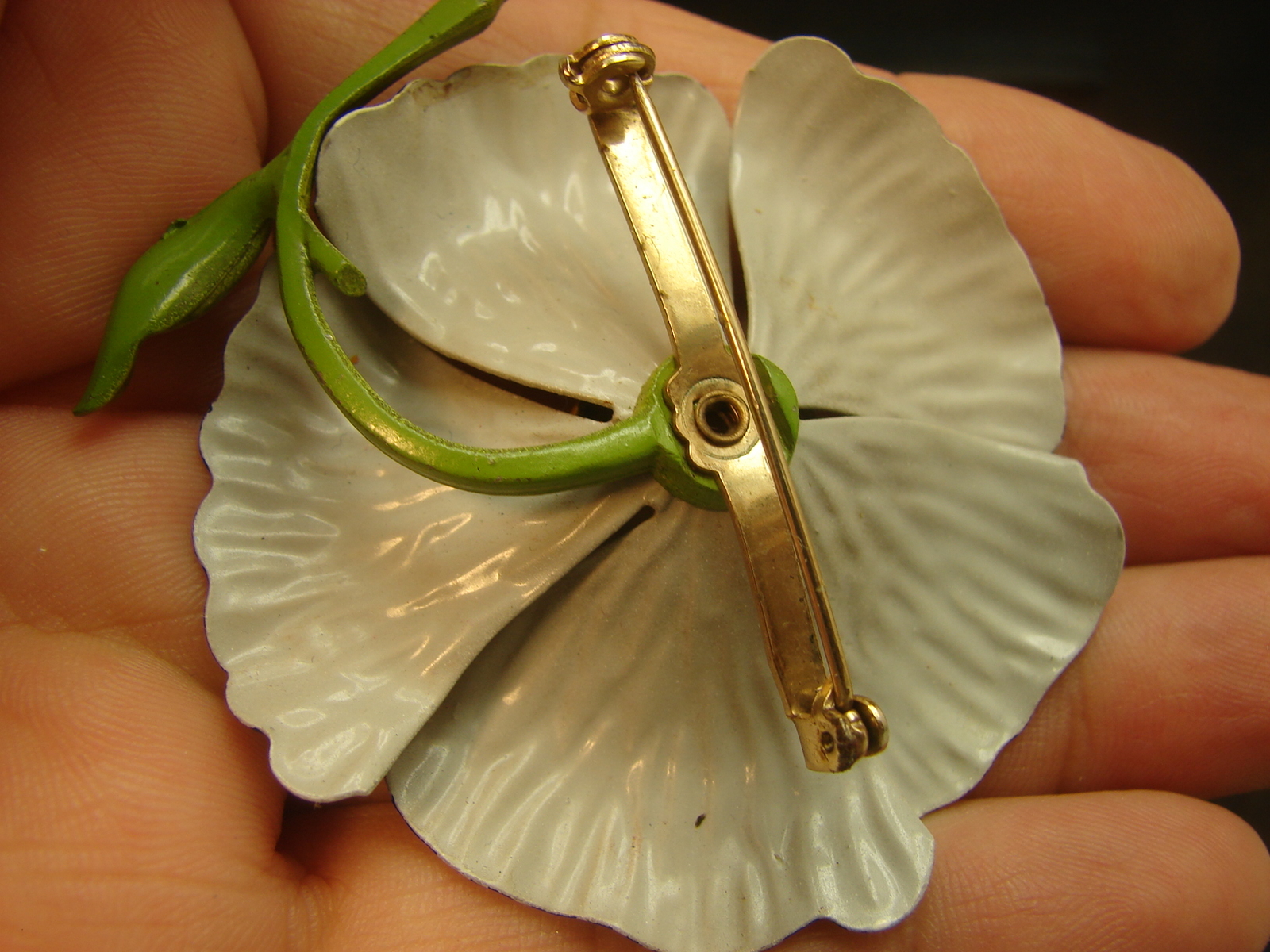 Vintage Gray & Yellow Black Trim Enamel Metal Flower Pin