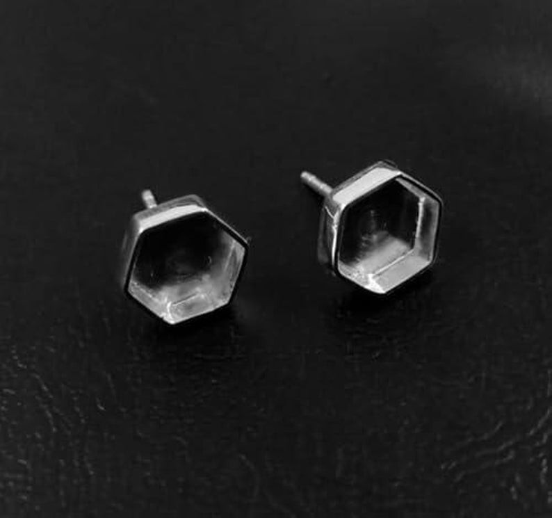 925 Sterling Silver Hexagon Bezel Stud Earrings Blank Cup for Resin Gemstone DIY