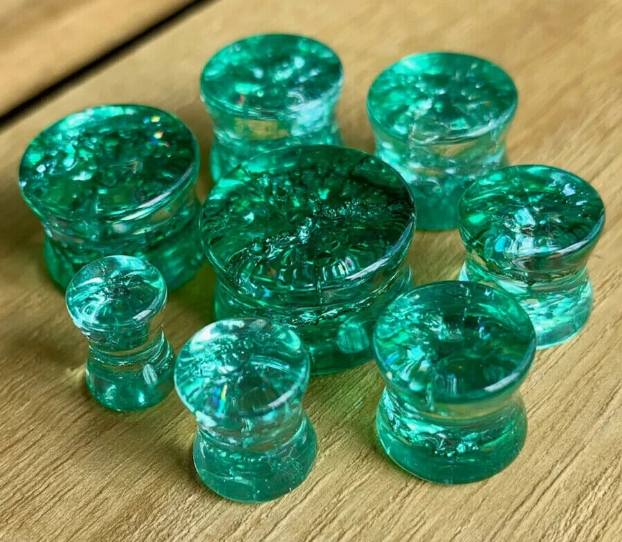 PAIR Cracked Green Glass Plugs Double Flare Shattered Look Gauges Body Jewelry
