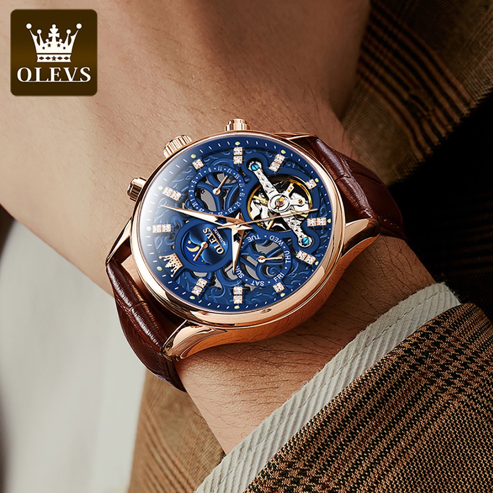 OLEVS Mechanical Watch Date/Week Moon Phase Blue Dial Tourbillon Men Wristwatch