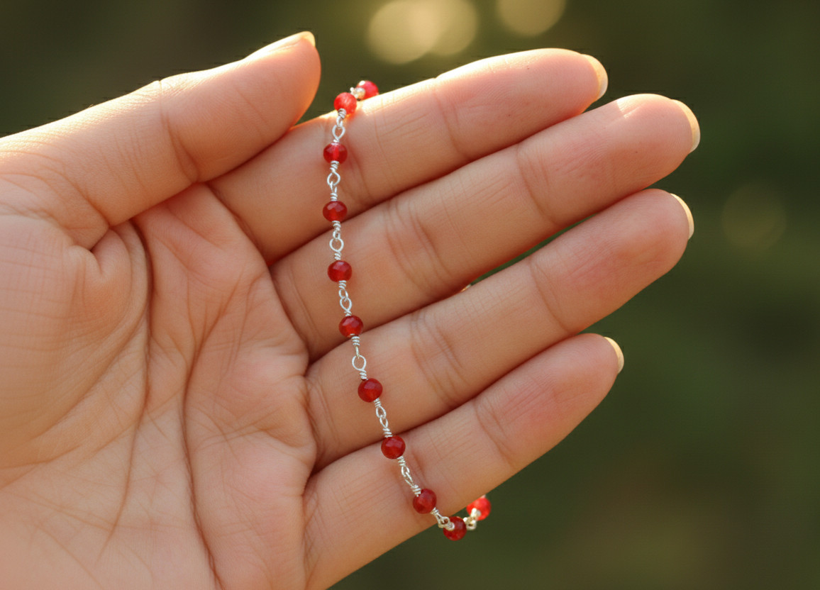 Handmade Silver Tone Minimalist Beaded Bracelet | Ruby Red Stone Brass Chain