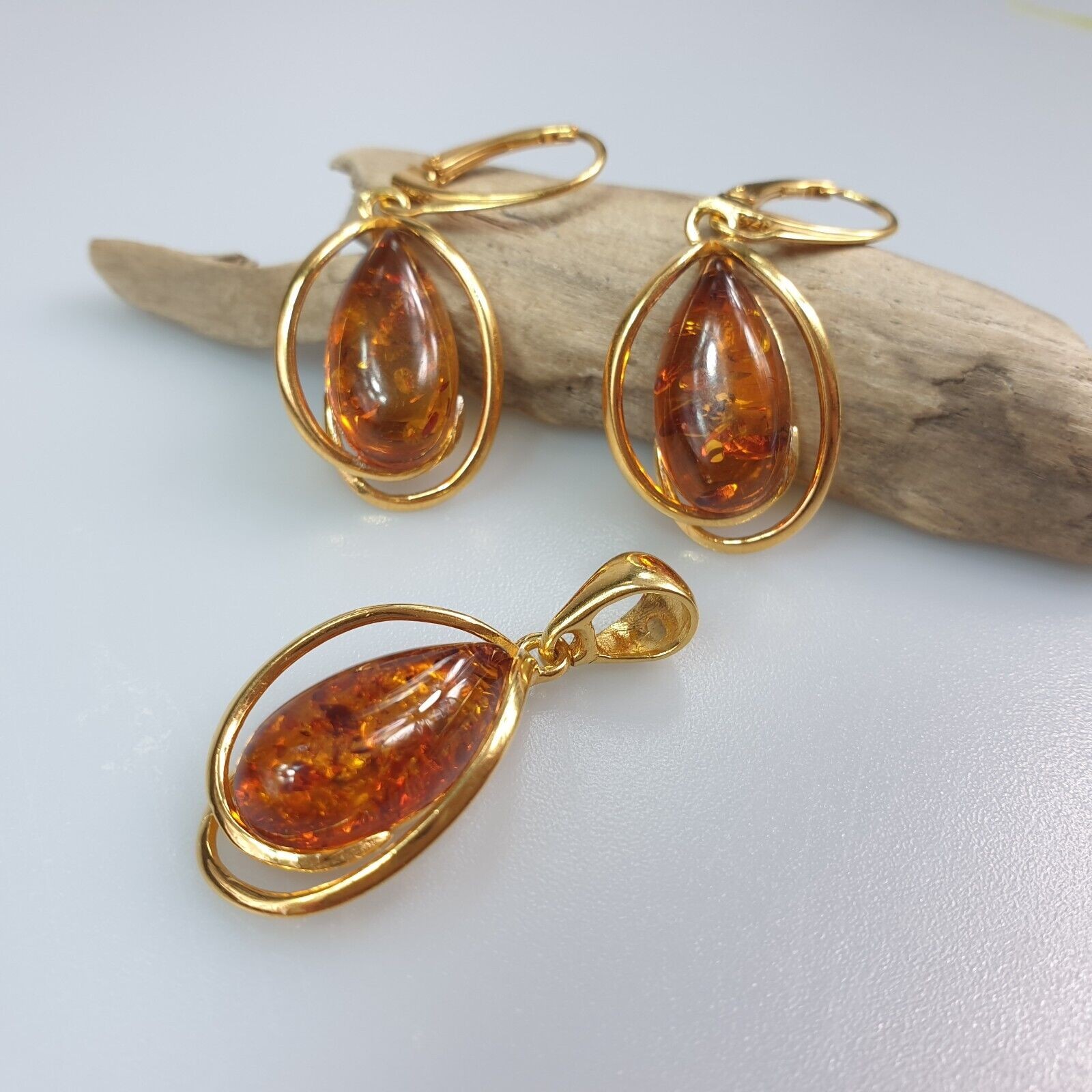 Amber earrings and pendant gold plated jewelry handmade real drop shape.