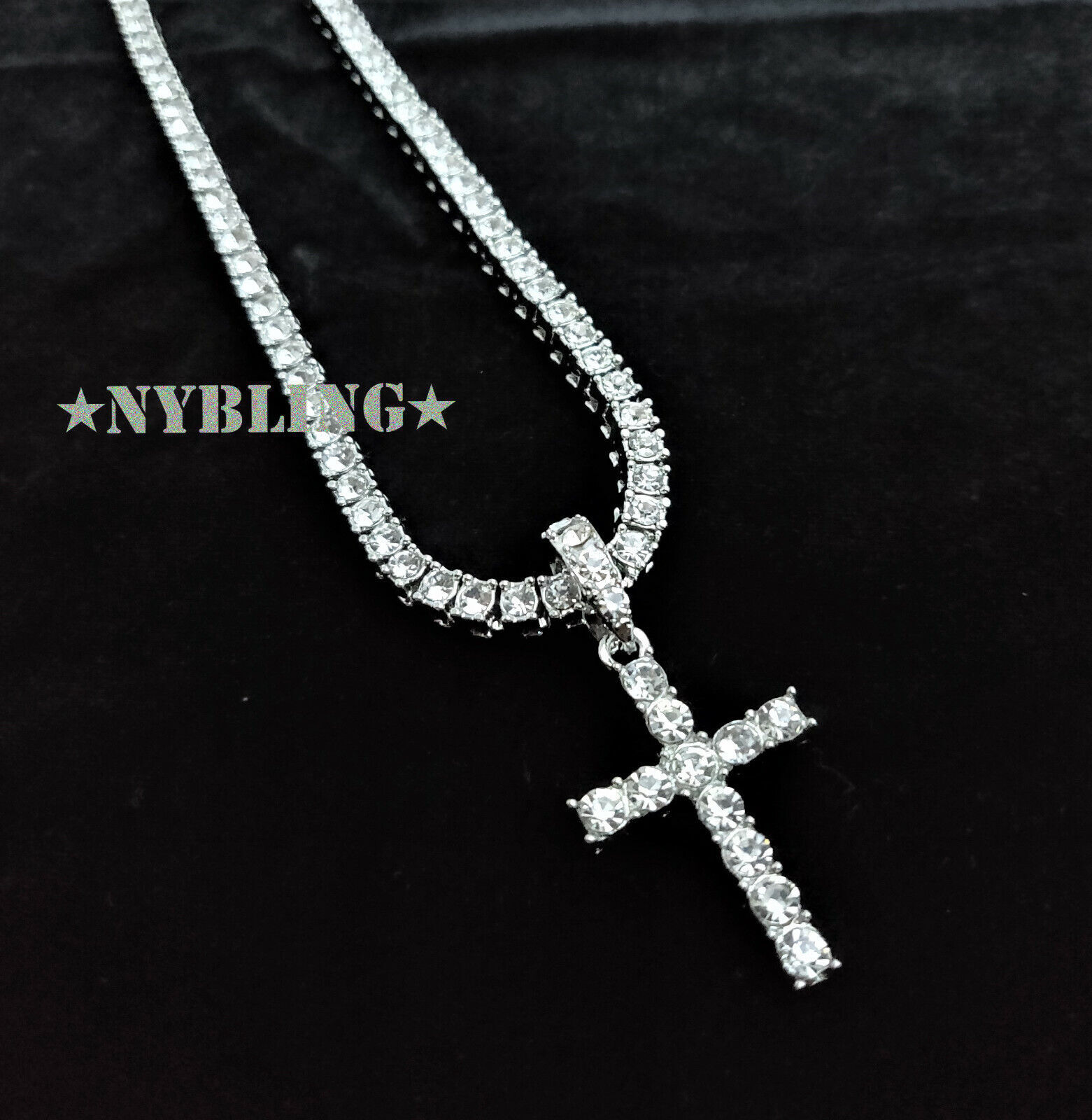 14k Gold Plated Tennis Chain Cross Pendant CZ Choker Necklace ICED Jewelry 4MM
