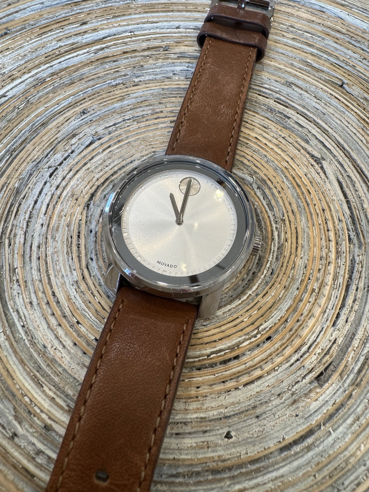 Movado Museum Analog Wristwatch Silver Dial/Case Brown Leather Two-Piece