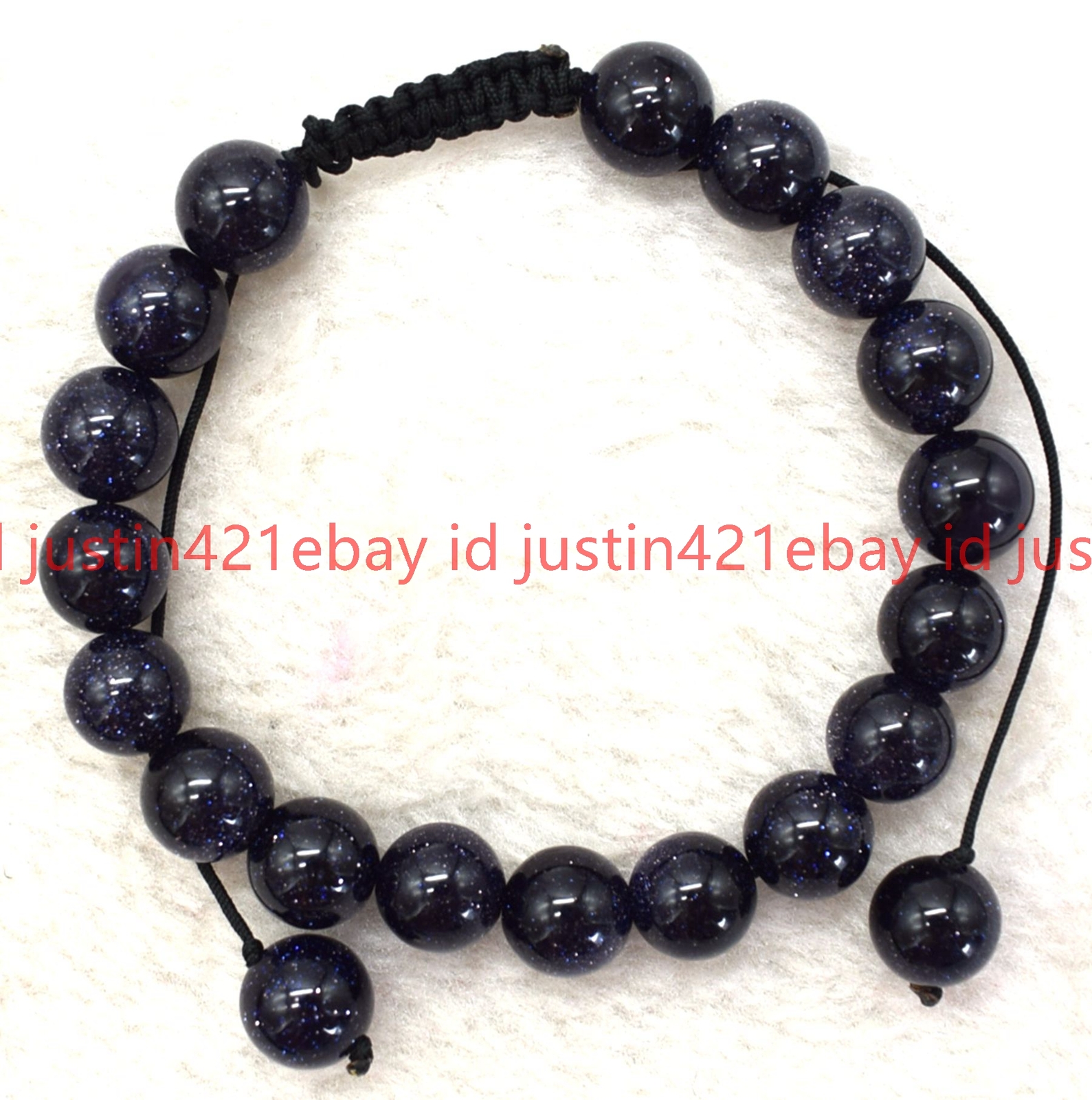Natural 10mm Blue Sandstone Gems Round Beads Braided Adjustable Bracelet 7.5”