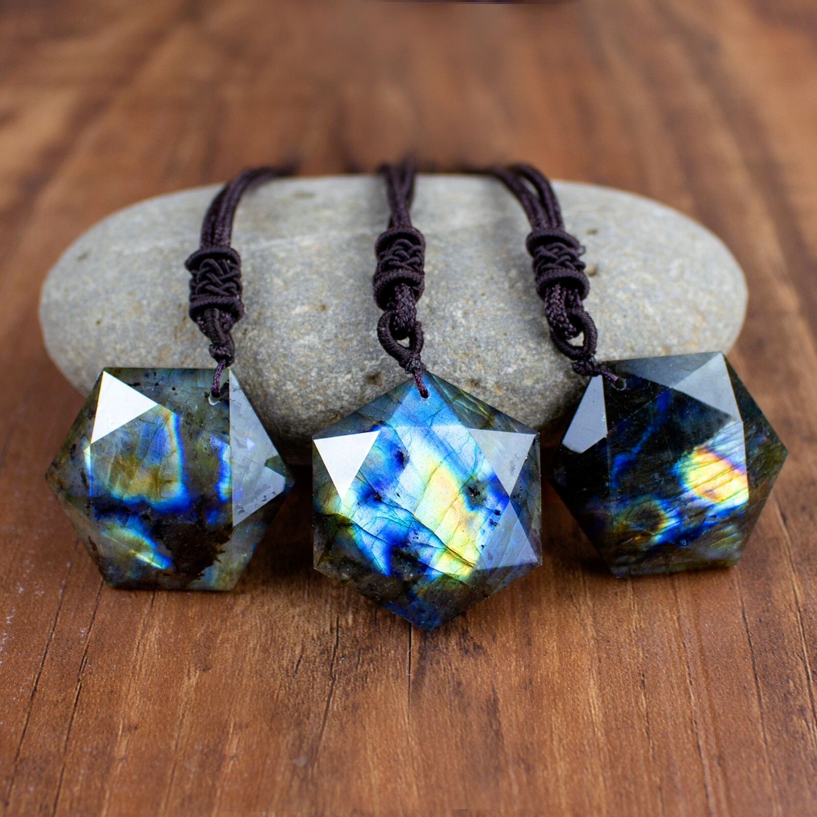 Natural Labradorite Hexagon Pendant Crystal Healing Amulet Women Men Necklace