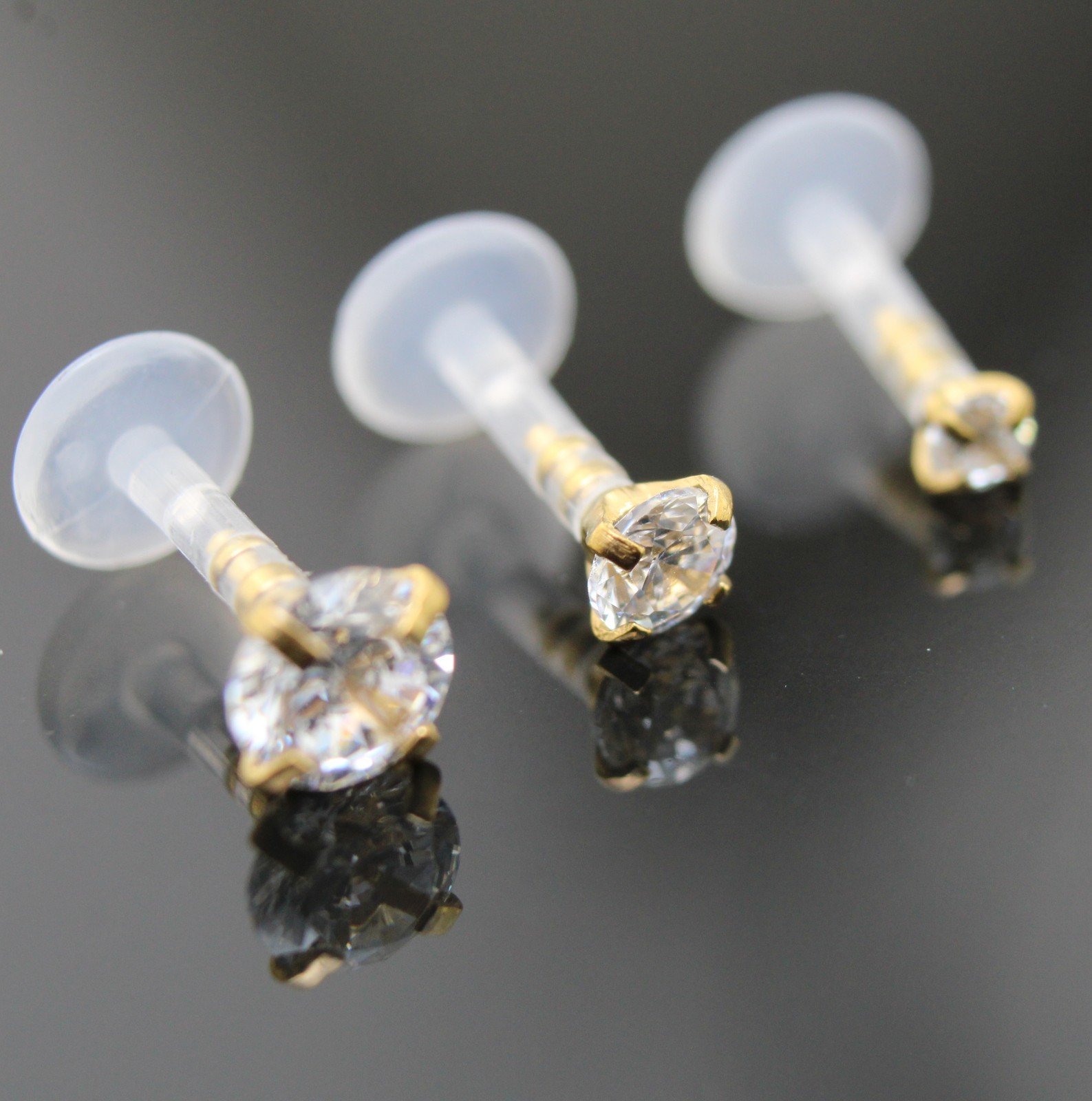 Gold PVD Flat Back Stud Earrings Cartilage Stud Tragus Ring Rings Clear BioFlex